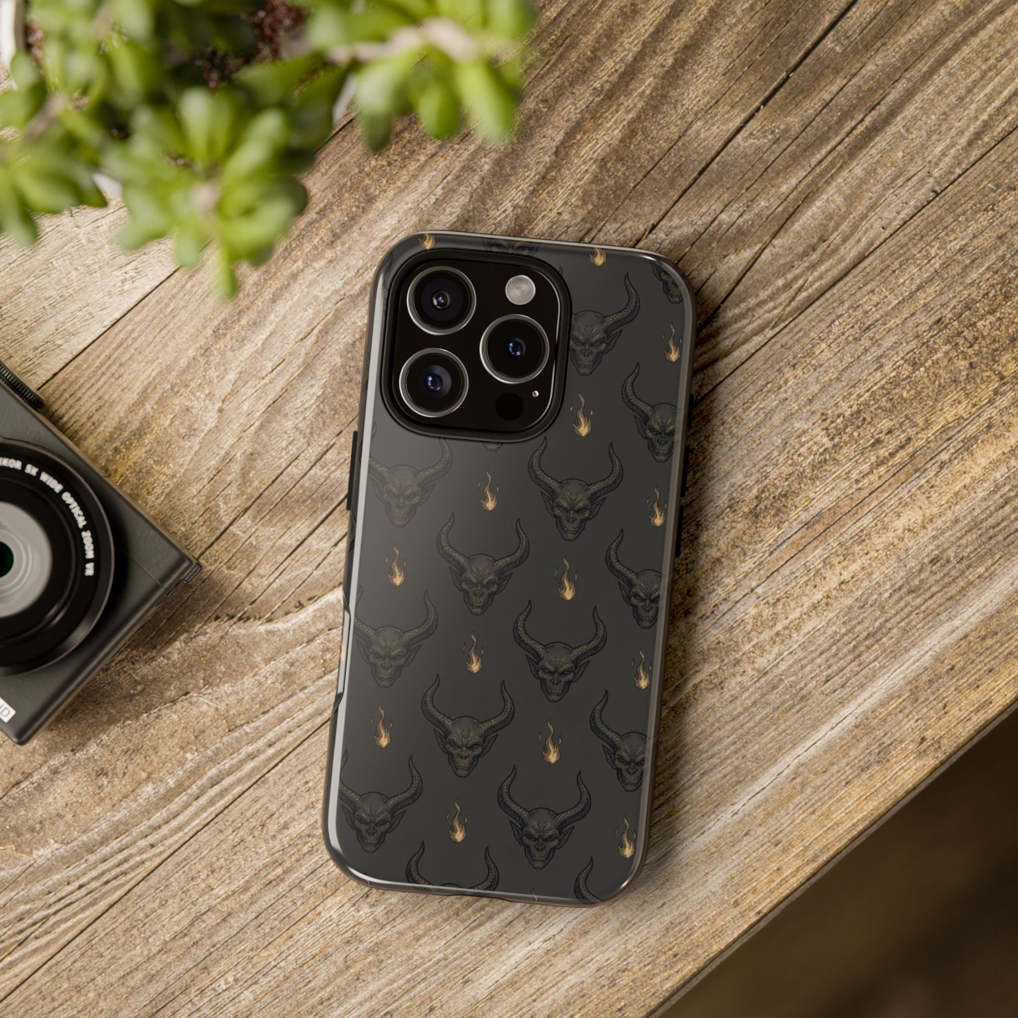 Dark Skull Pattern Phone Case — Gothic Bull Skull with Tiny Flame Accent