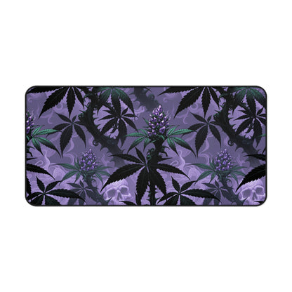 Purple Cannabis Leaf Desk Mat — Gothic Skull & Bud Gaming Mouse Pad