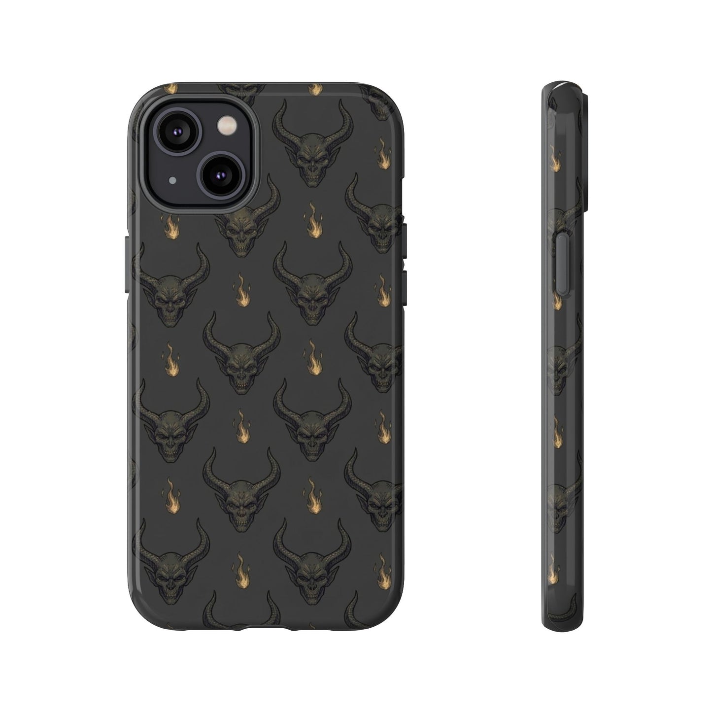 Dark Skull Pattern Phone Case — Gothic Bull Skull with Tiny Flame Accent