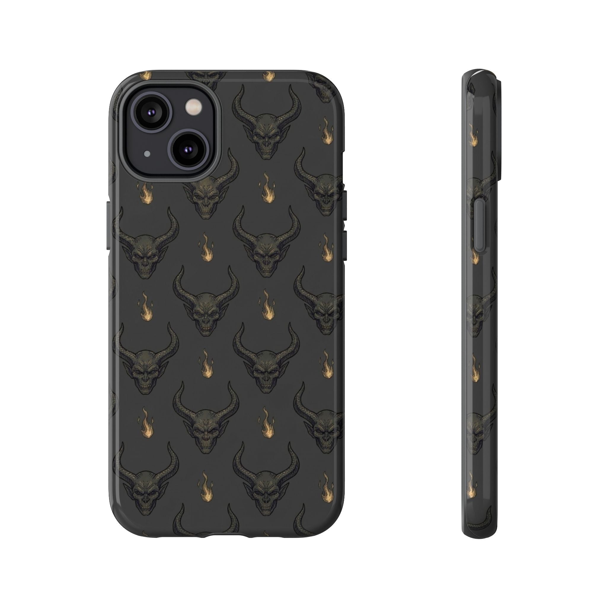 Dark Skull Pattern Phone Case — Gothic Bull Skull with Tiny Flame Accent