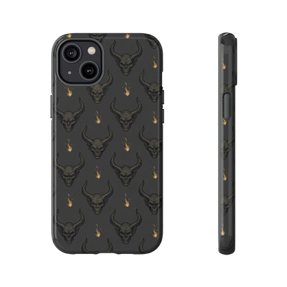 Dark Skull Pattern Phone Case — Gothic Bull Skull with Tiny Flame Accent