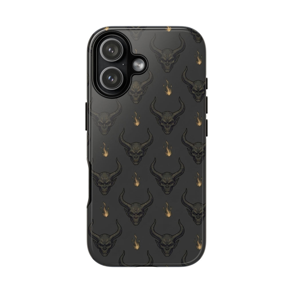 Dark Skull Pattern Phone Case — Gothic Bull Skull with Tiny Flame Accent