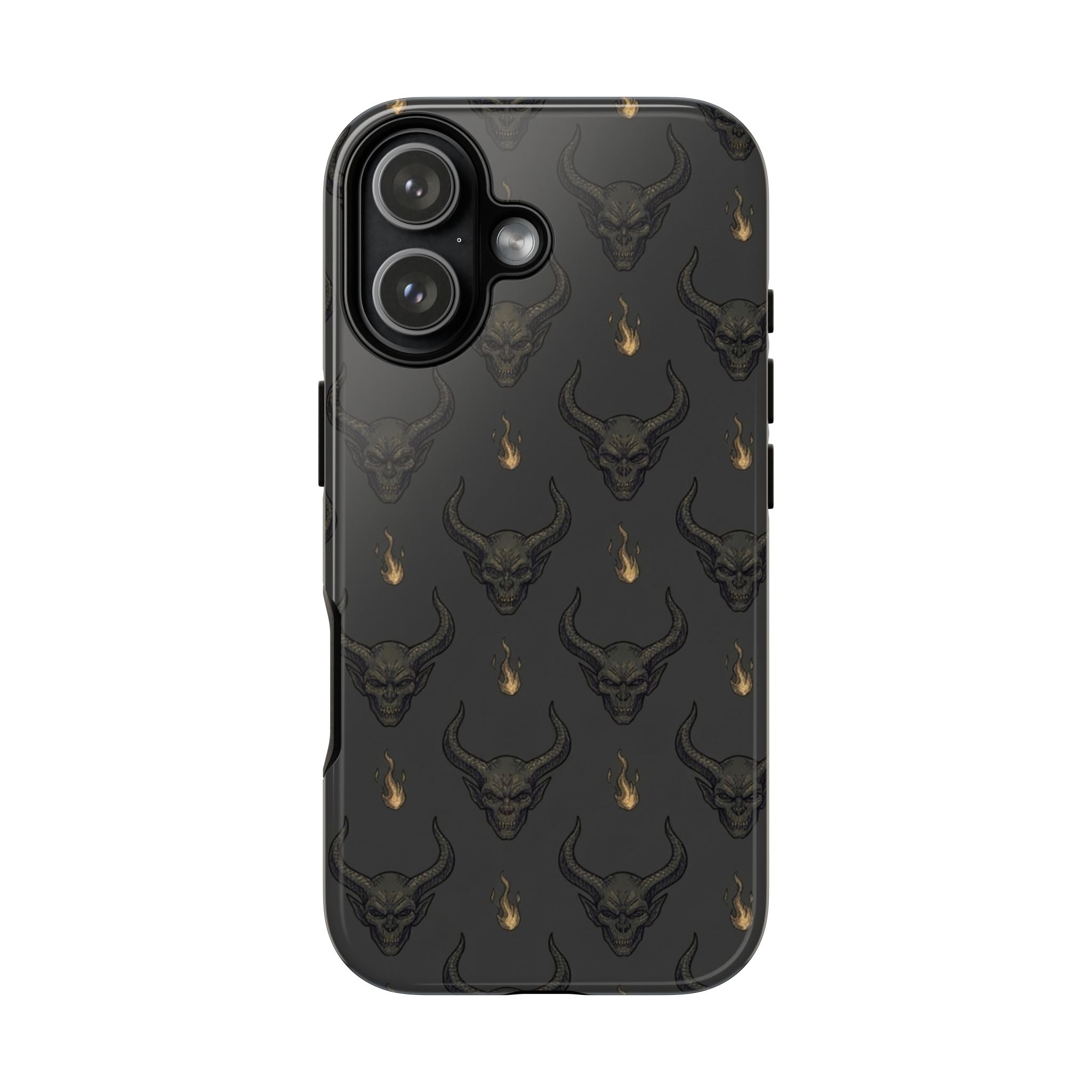 Dark Skull Pattern Phone Case — Gothic Bull Skull with Tiny Flame Accent