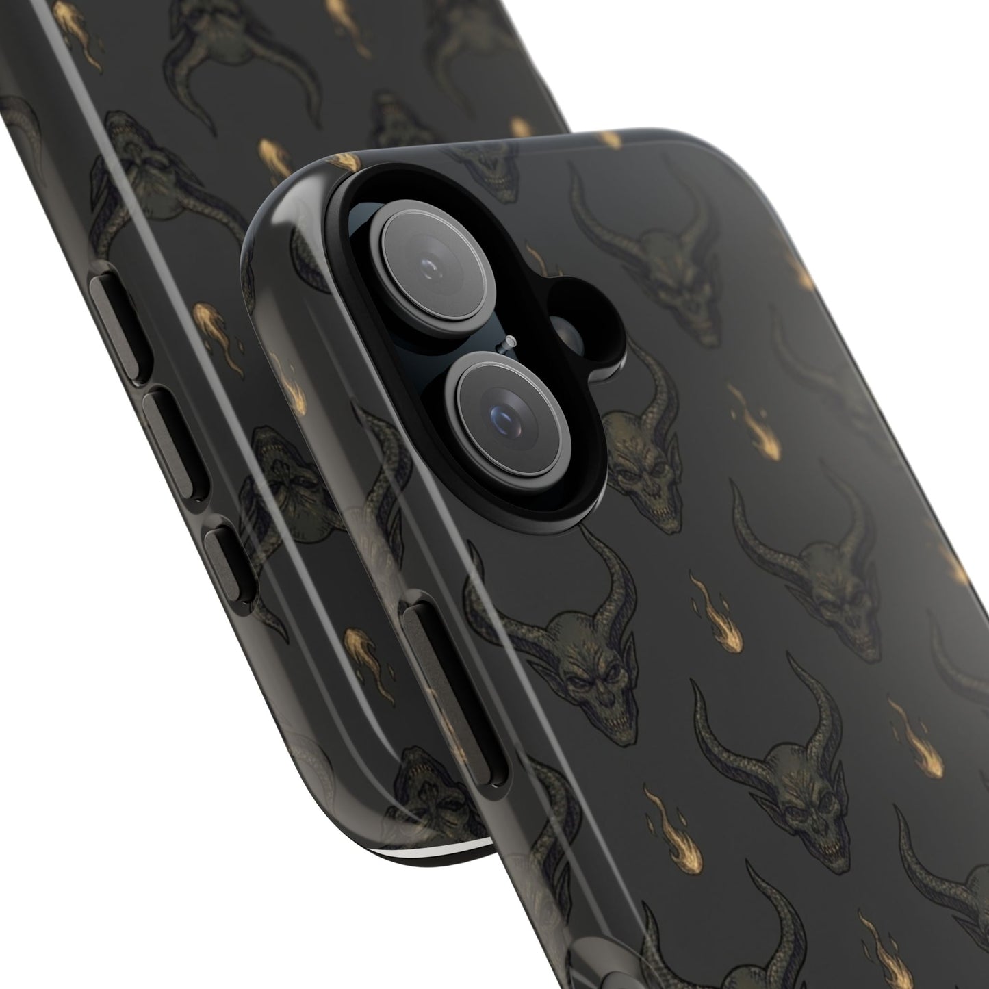 Dark Skull Pattern Phone Case — Gothic Bull Skull with Tiny Flame Accent