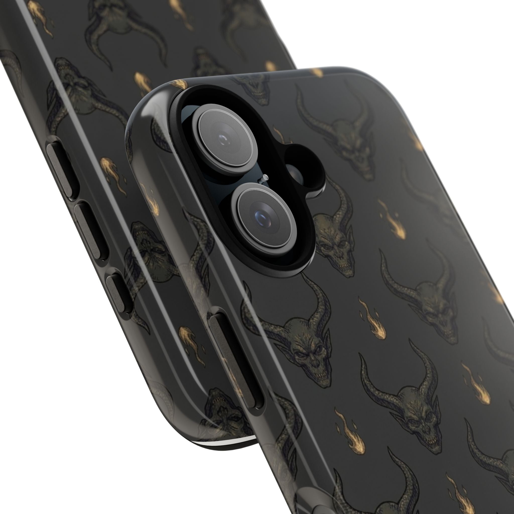 Dark Skull Pattern Phone Case — Gothic Bull Skull with Tiny Flame Accent