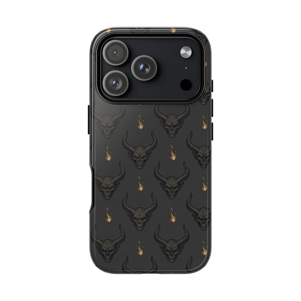 Dark Skull Pattern Phone Case — Gothic Bull Skull with Tiny Flame Accent