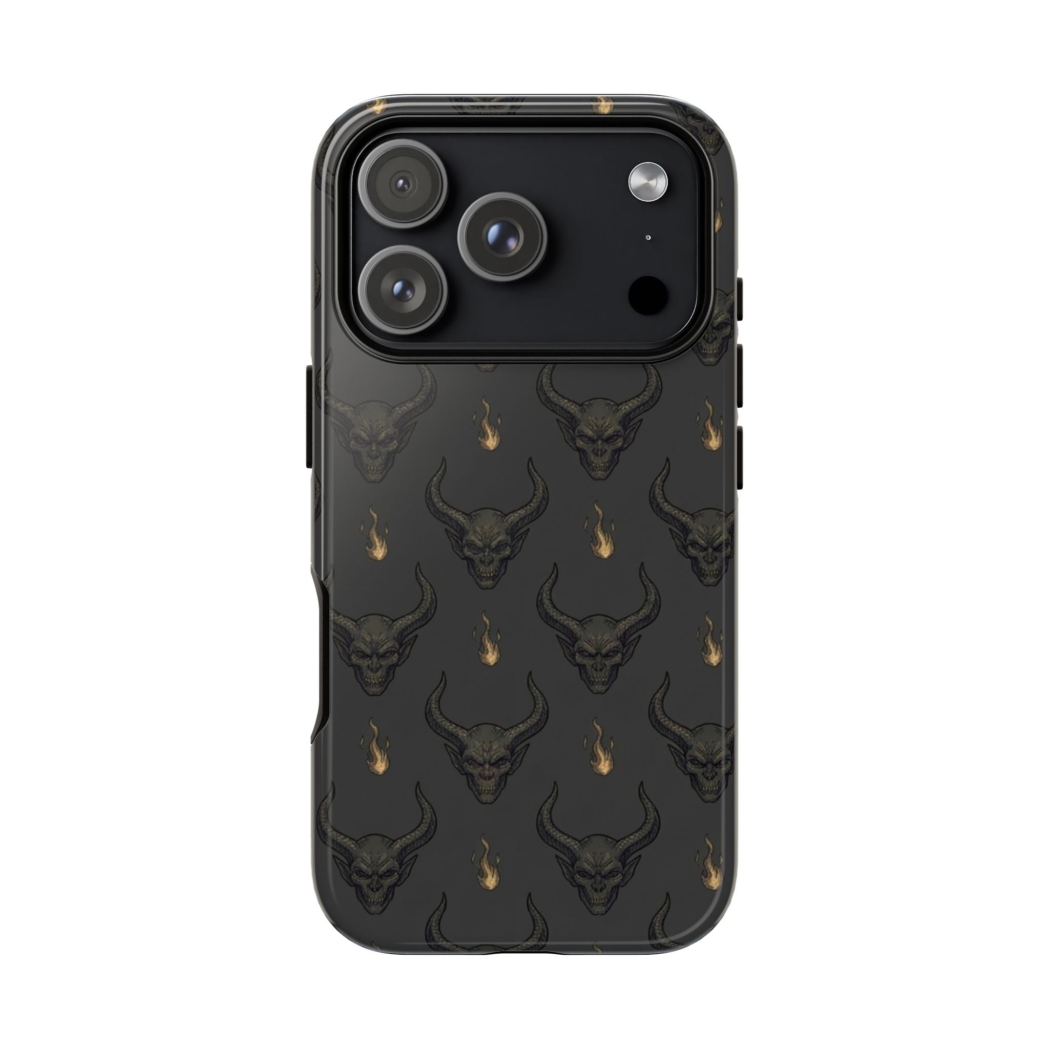 Dark Skull Pattern Phone Case — Gothic Bull Skull with Tiny Flame Accent