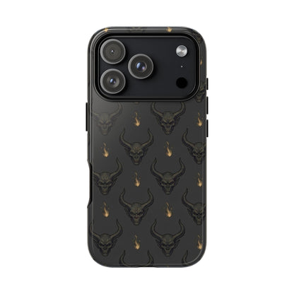 Dark Skull Pattern Phone Case — Gothic Bull Skull with Tiny Flame Accent