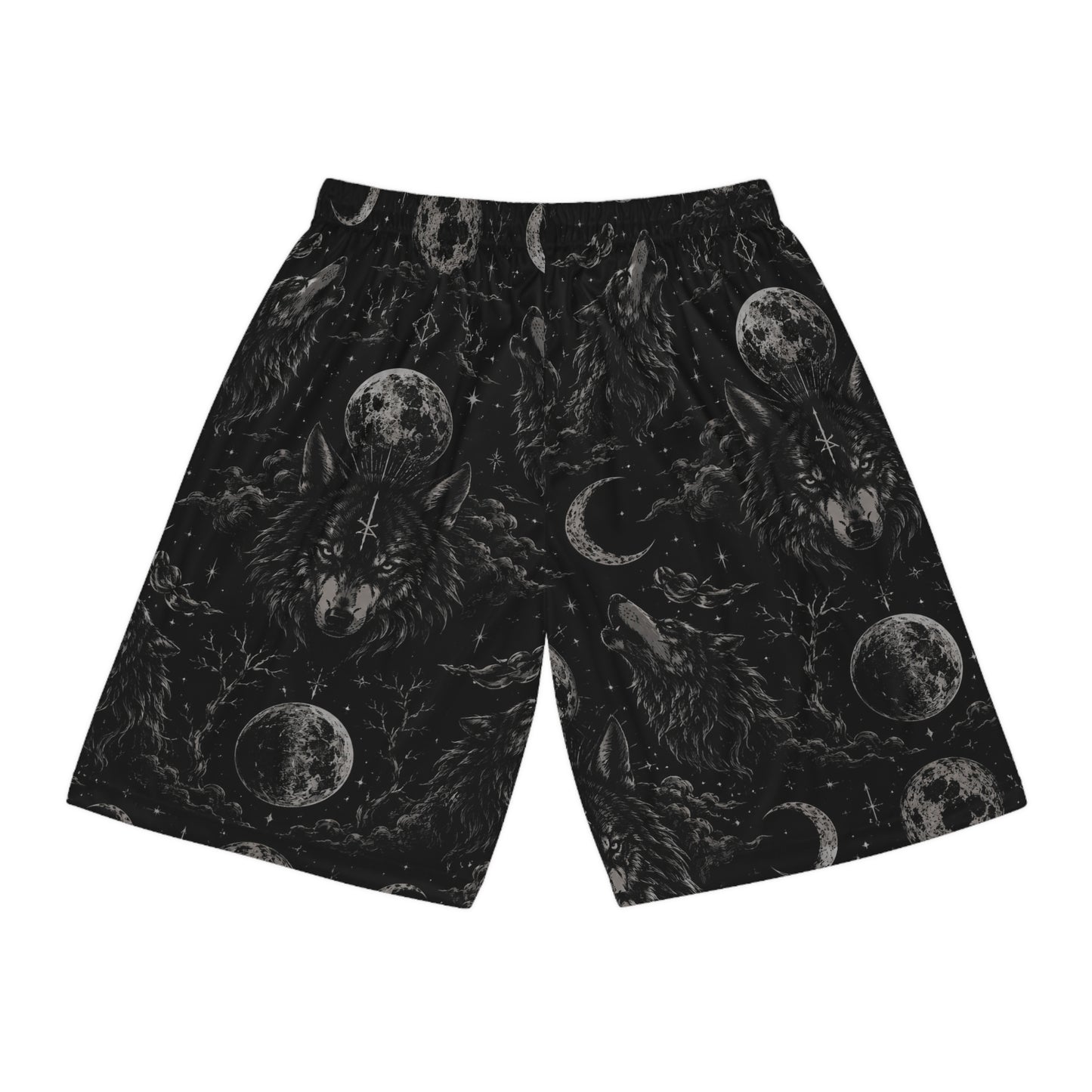 Witchy Moon & Wolf Basketball Shorts — Gothic All-Over Print