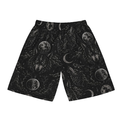 Witchy Moon & Wolf Basketball Shorts — Gothic All-Over Print