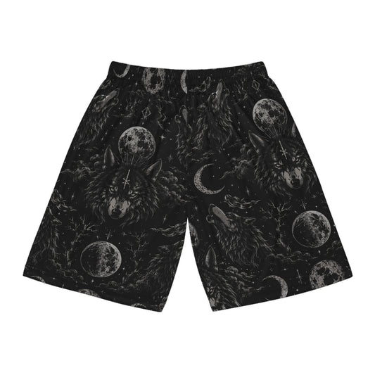 Witchy Moon & Wolf Basketball Shorts — Gothic All-Over Print