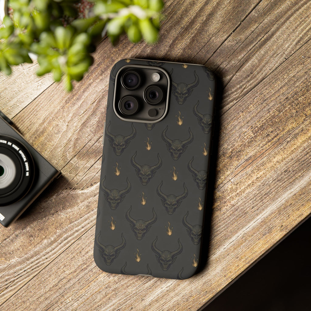 Dark Skull Pattern Phone Case — Gothic Bull Skull with Tiny Flame Accent