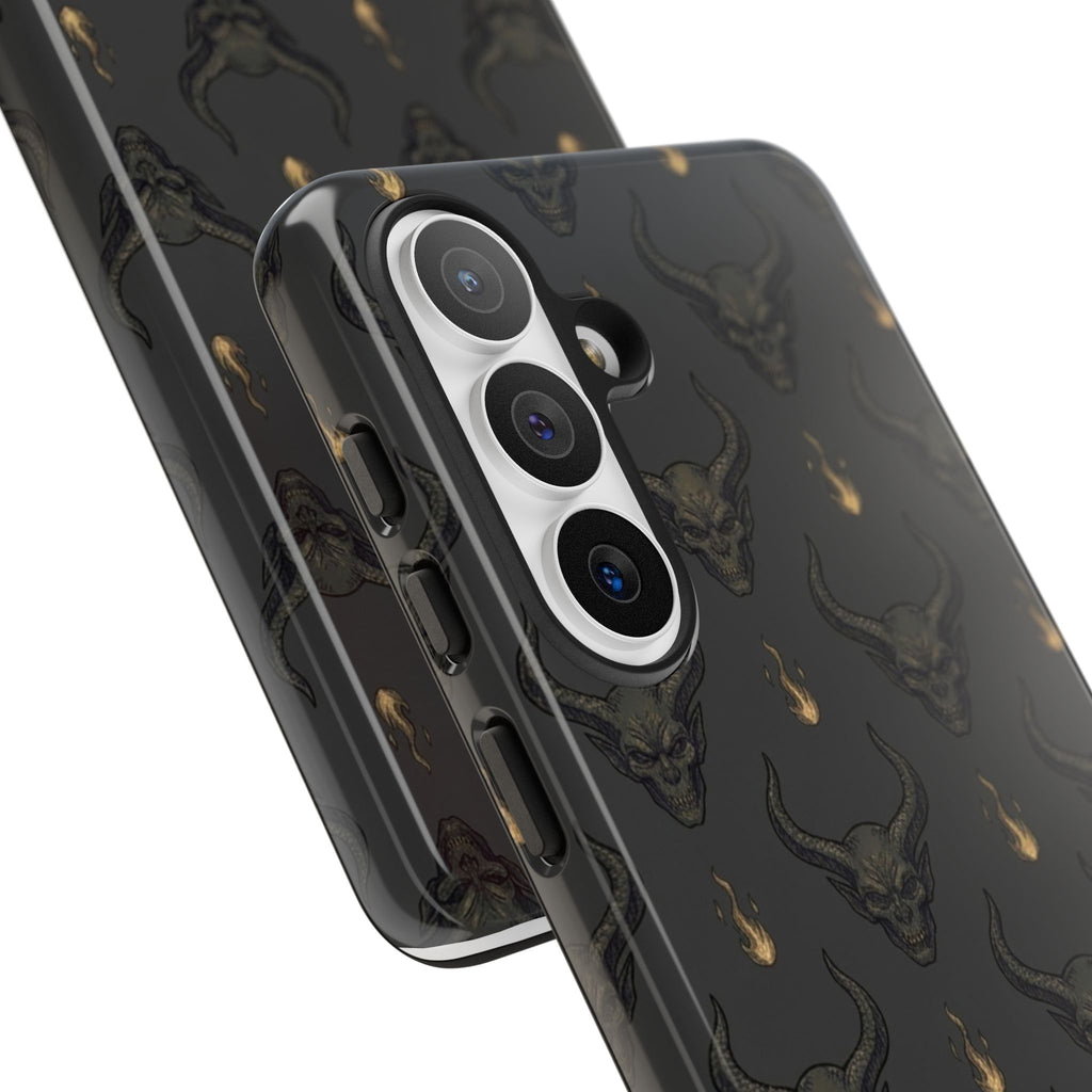 Dark Skull Pattern Phone Case — Gothic Bull Skull with Tiny Flame Accent