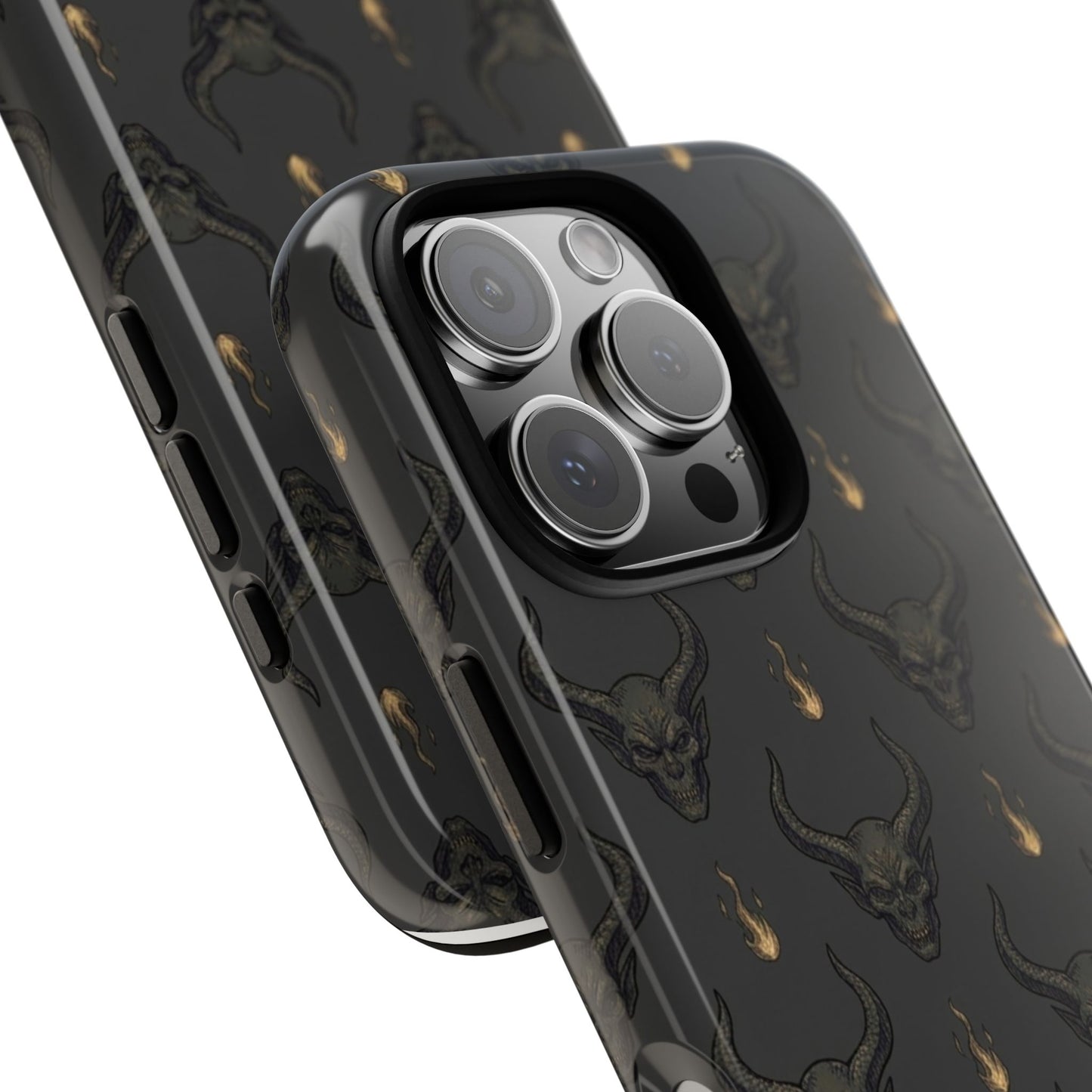 Dark Skull Pattern Phone Case — Gothic Bull Skull with Tiny Flame Accent