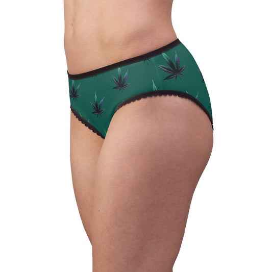 Cannabis Leaf Women's Briefs — Green All-Over Print Lace-Trim Panties
