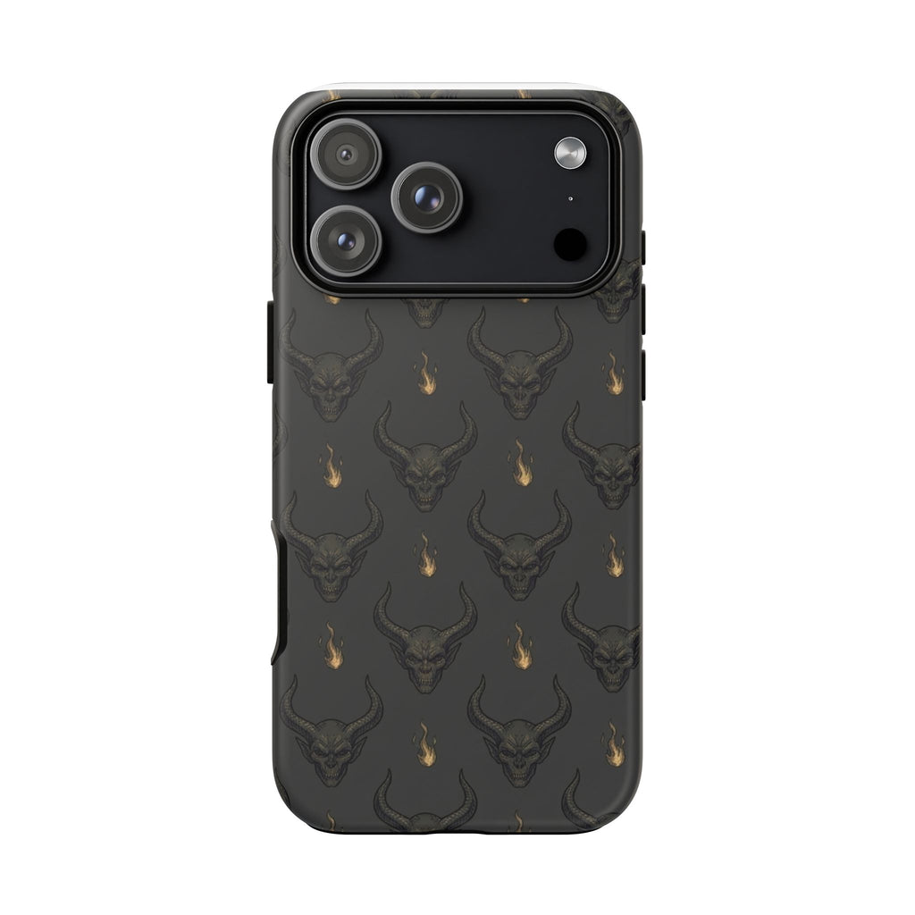 Dark Skull Pattern Phone Case — Gothic Bull Skull with Tiny Flame Accent