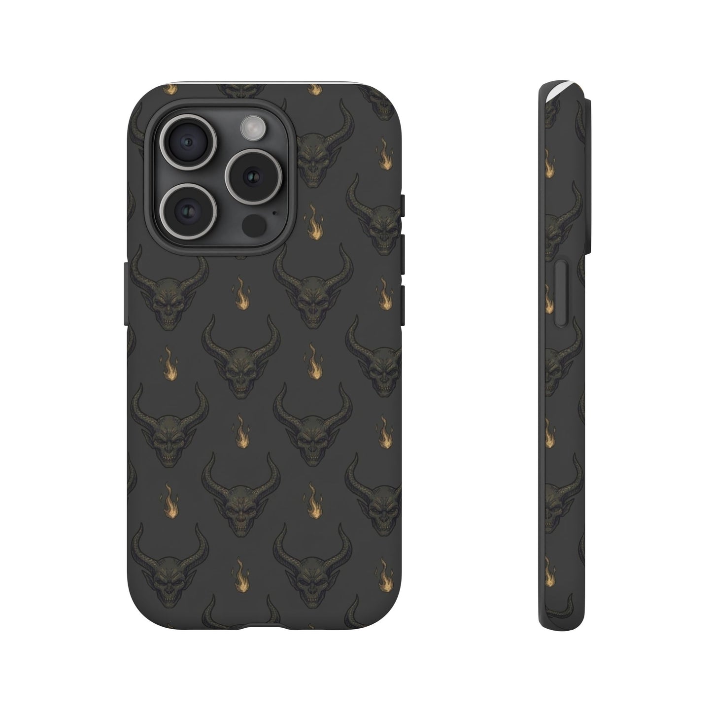 Dark Skull Pattern Phone Case — Gothic Bull Skull with Tiny Flame Accent