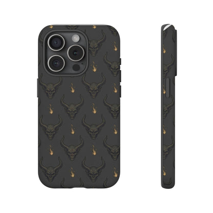 Dark Skull Pattern Phone Case — Gothic Bull Skull with Tiny Flame Accent