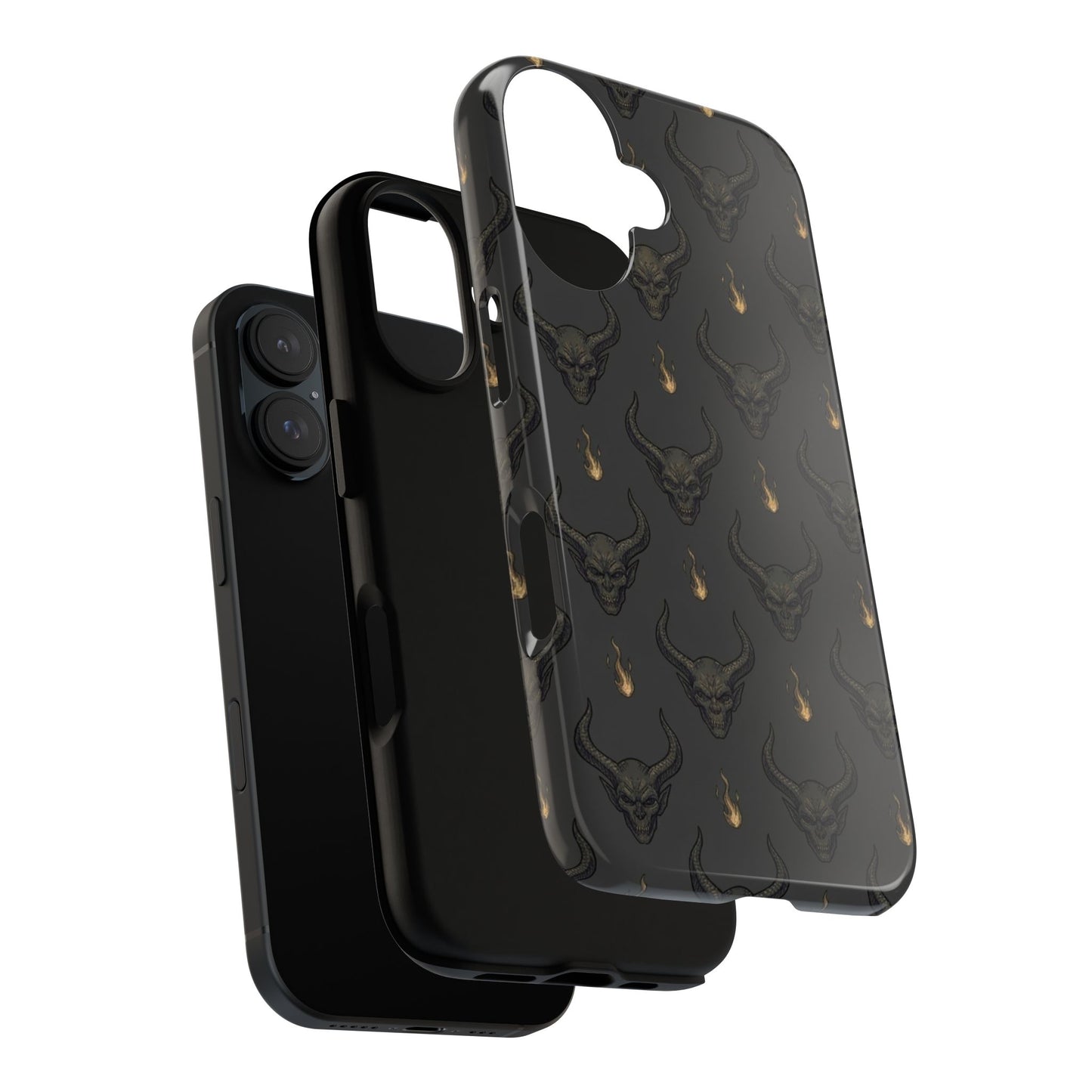 Dark Skull Pattern Phone Case — Gothic Bull Skull with Tiny Flame Accent