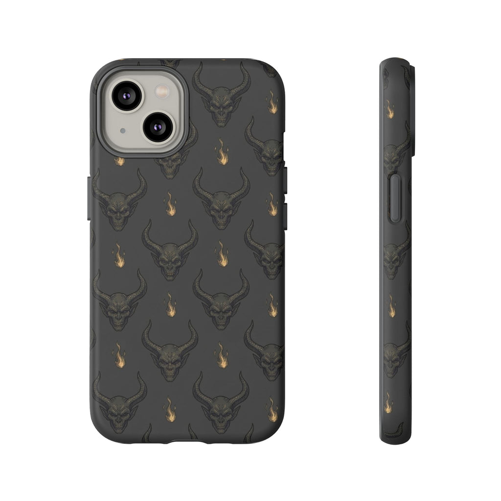 Dark Skull Pattern Phone Case — Gothic Bull Skull with Tiny Flame Accent