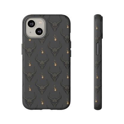 Dark Skull Pattern Phone Case — Gothic Bull Skull with Tiny Flame Accent