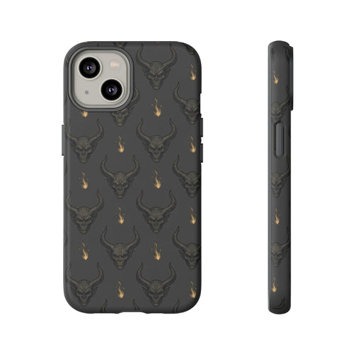 Dark Skull Pattern Phone Case — Gothic Bull Skull with Tiny Flame Accent