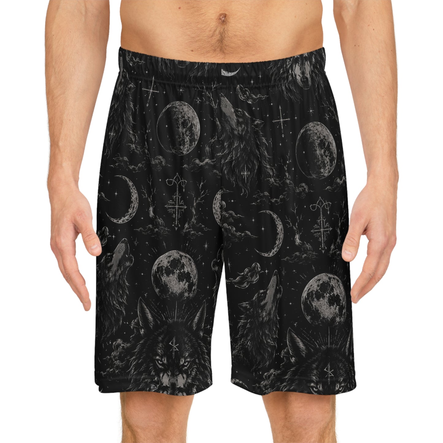 Witchy Moon & Wolf Basketball Shorts — Gothic All-Over Print