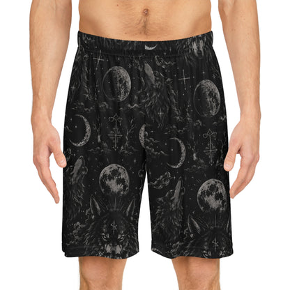 Witchy Moon & Wolf Basketball Shorts — Gothic All-Over Print