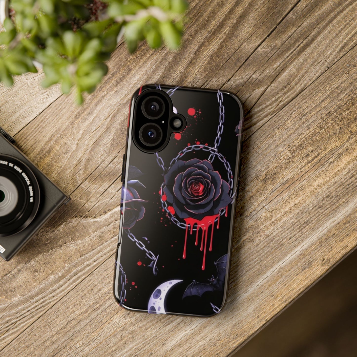 Phone Case — Gothic Dripping Black Rose & Moon Protective Case