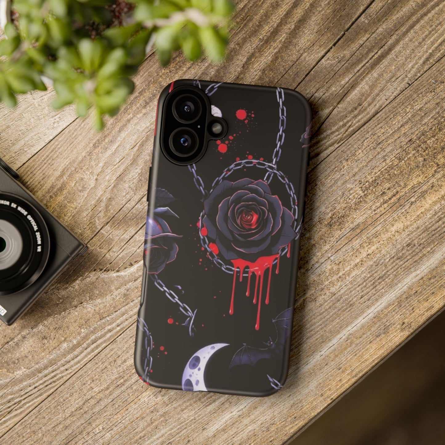 Phone Case — Gothic Dripping Black Rose & Moon Protective Case