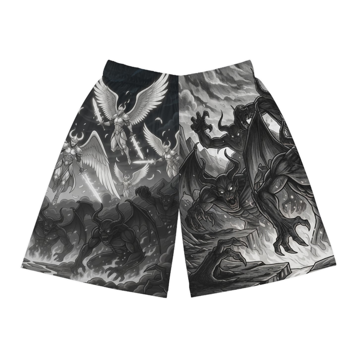 Angel vs Demon Basketball Shorts — Gothic All-Over-Print Athletic Shorts