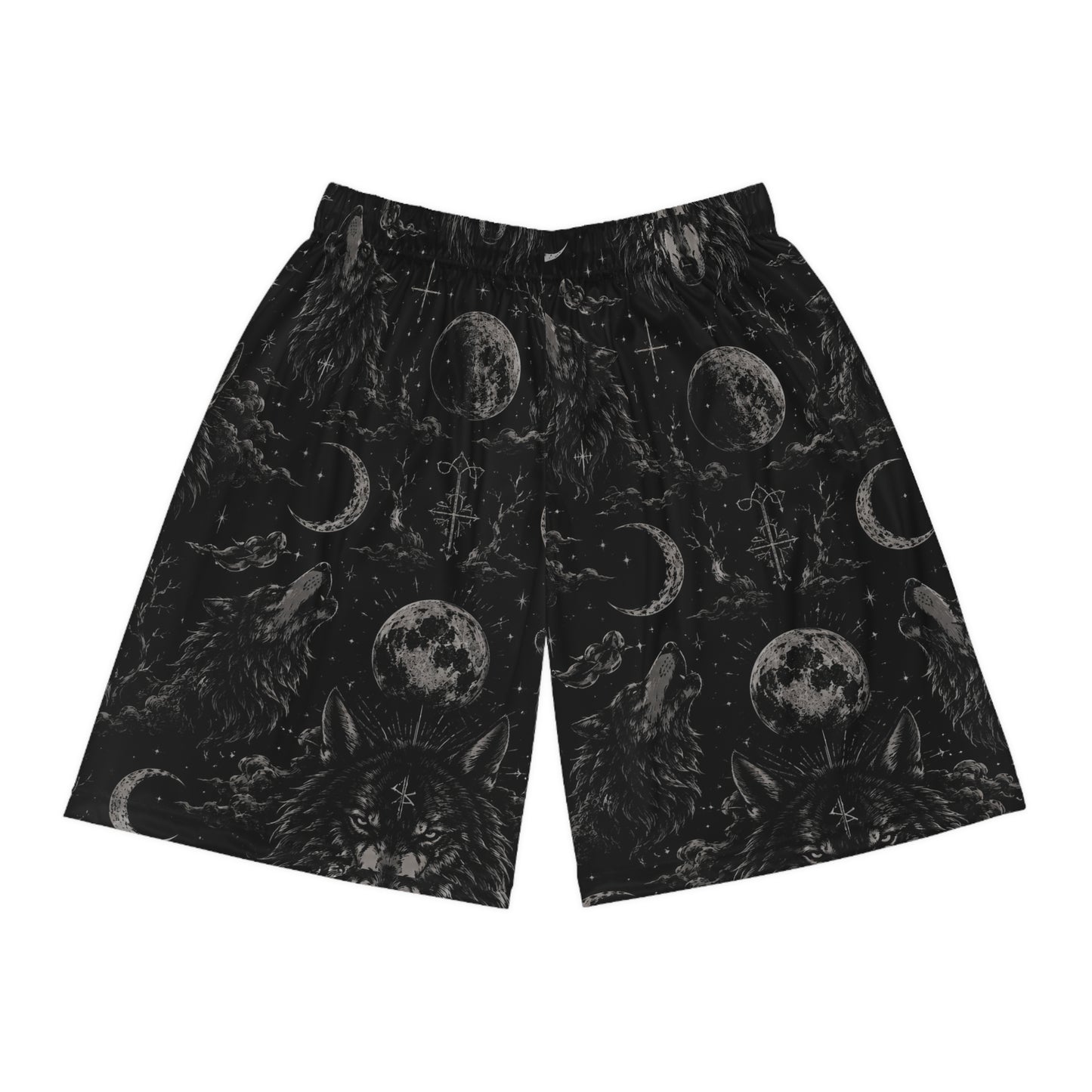 Witchy Moon & Wolf Basketball Shorts — Gothic All-Over Print