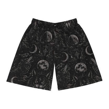 Witchy Moon & Wolf Basketball Shorts — Gothic All-Over Print