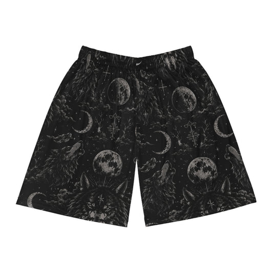 Witchy Moon & Wolf Basketball Shorts — Gothic All-Over Print