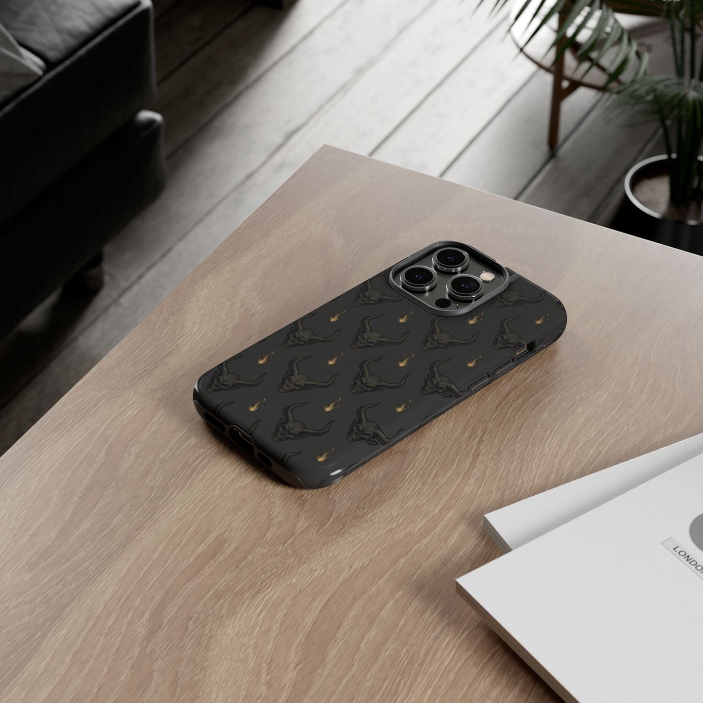 Dark Skull Pattern Phone Case — Gothic Bull Skull with Tiny Flame Accent
