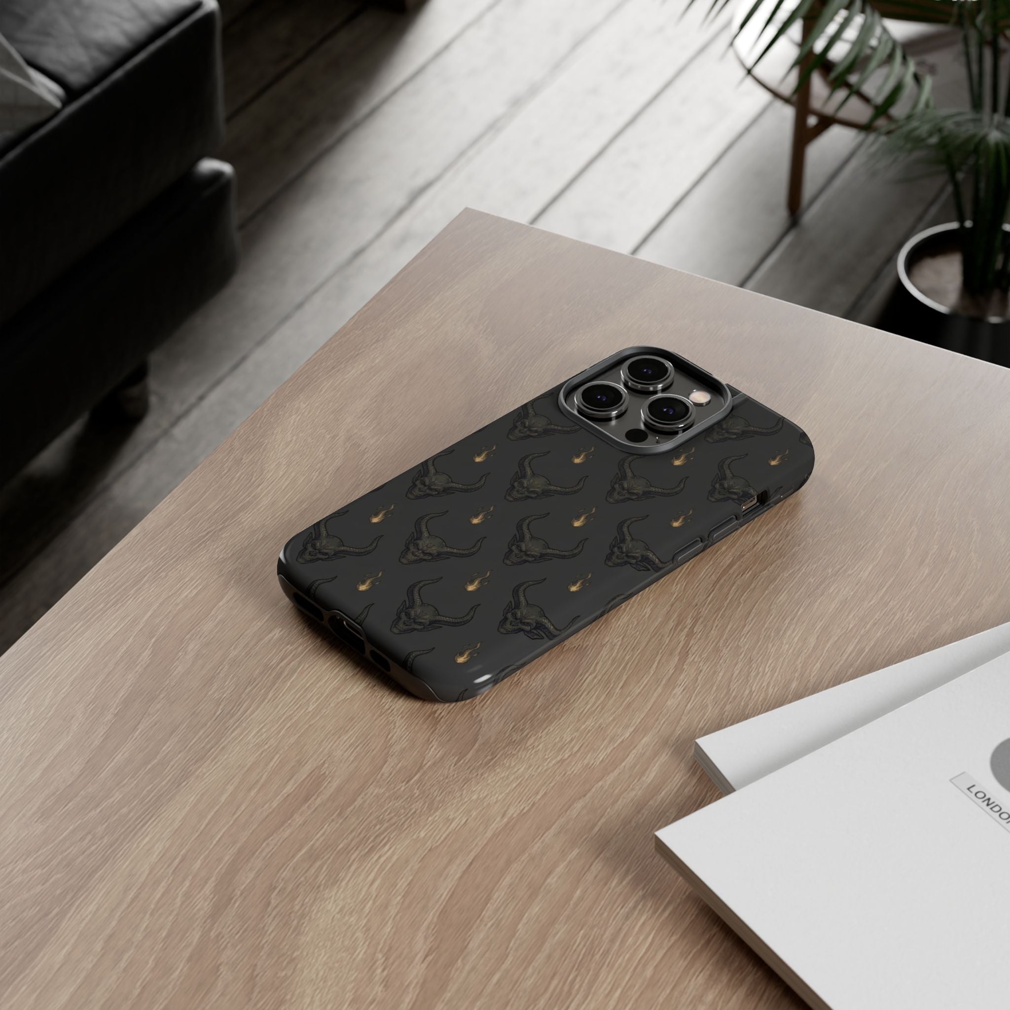 Dark Skull Pattern Phone Case — Gothic Bull Skull with Tiny Flame Accent