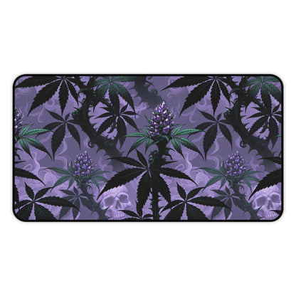 Purple Cannabis Leaf Desk Mat — Gothic Skull & Bud Gaming Mouse Pad