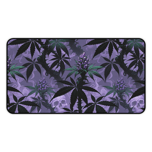 Purple Cannabis Leaf Desk Mat — Gothic Skull & Bud Gaming Mouse Pad