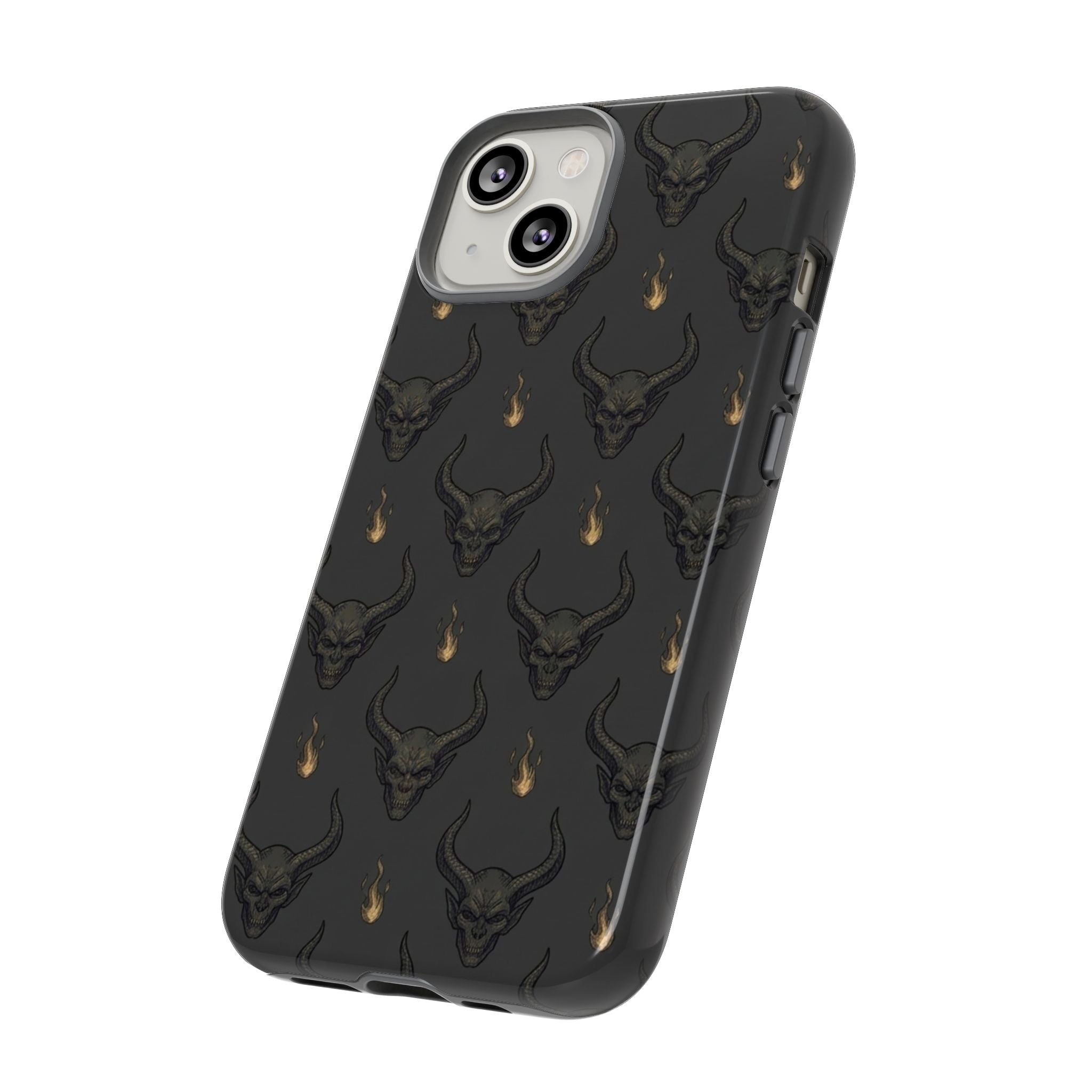 Dark Skull Pattern Phone Case — Gothic Bull Skull with Tiny Flame Accent