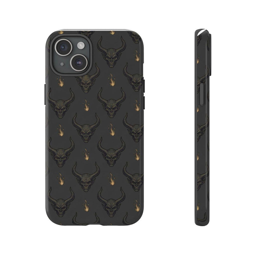 Dark Skull Pattern Phone Case — Gothic Bull Skull with Tiny Flame Accent