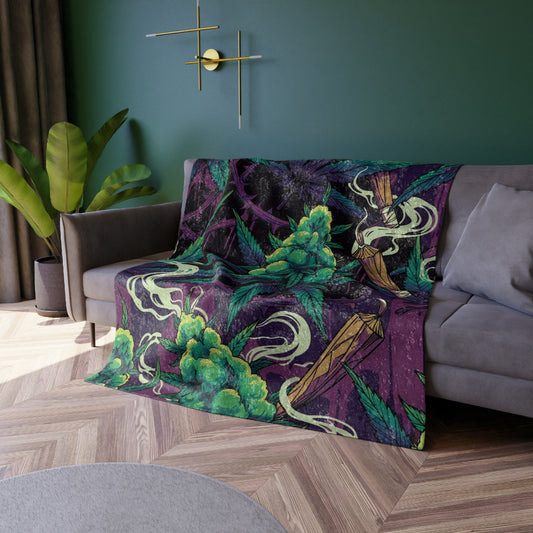 Crushed Velvet Blanket — Psychedelic Cannabis Leaf & Bud Print Cozy Throw