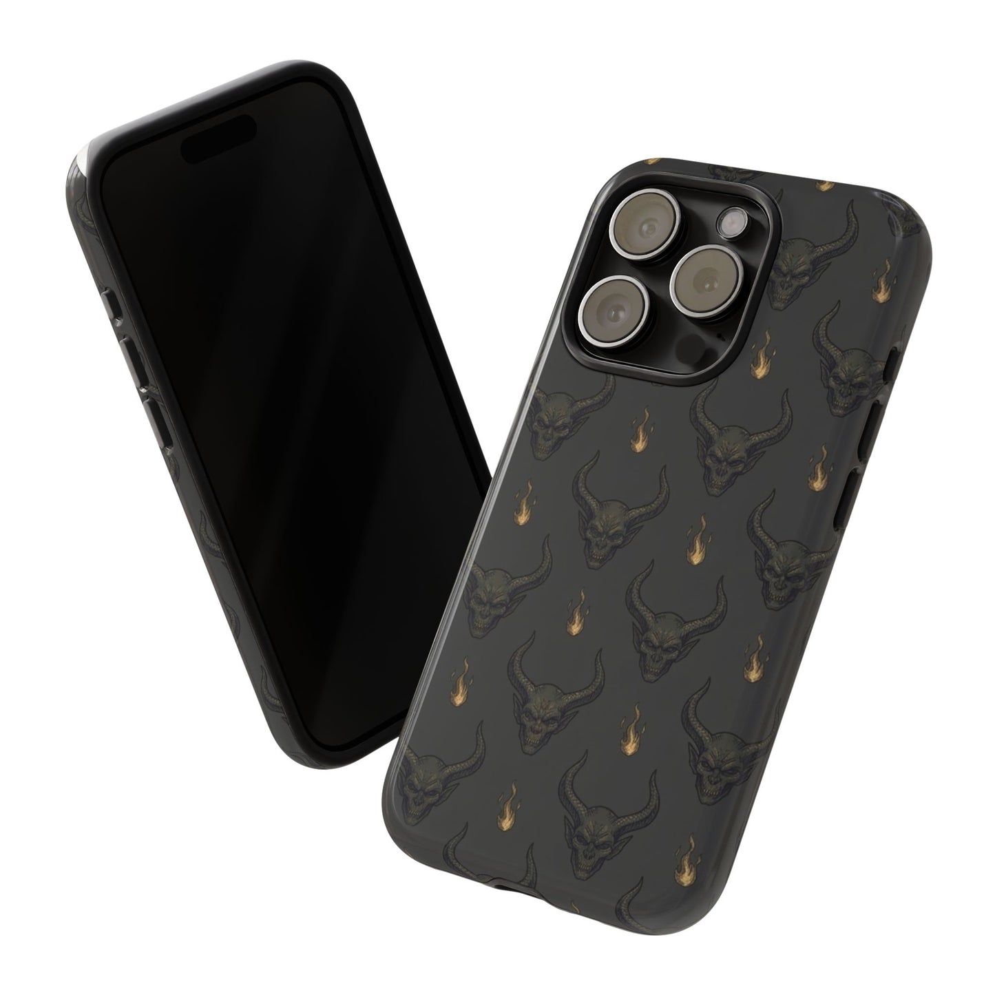 Dark Skull Pattern Phone Case — Gothic Bull Skull with Tiny Flame Accent
