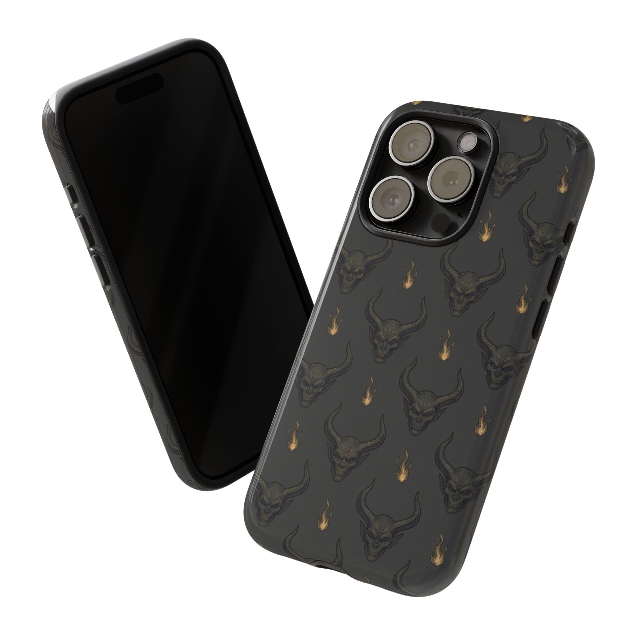 Dark Skull Pattern Phone Case — Gothic Bull Skull with Tiny Flame Accent