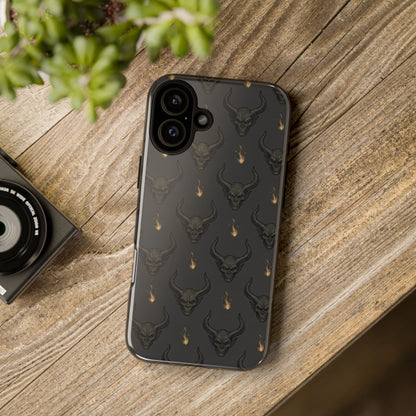 Dark Skull Pattern Phone Case — Gothic Bull Skull with Tiny Flame Accent