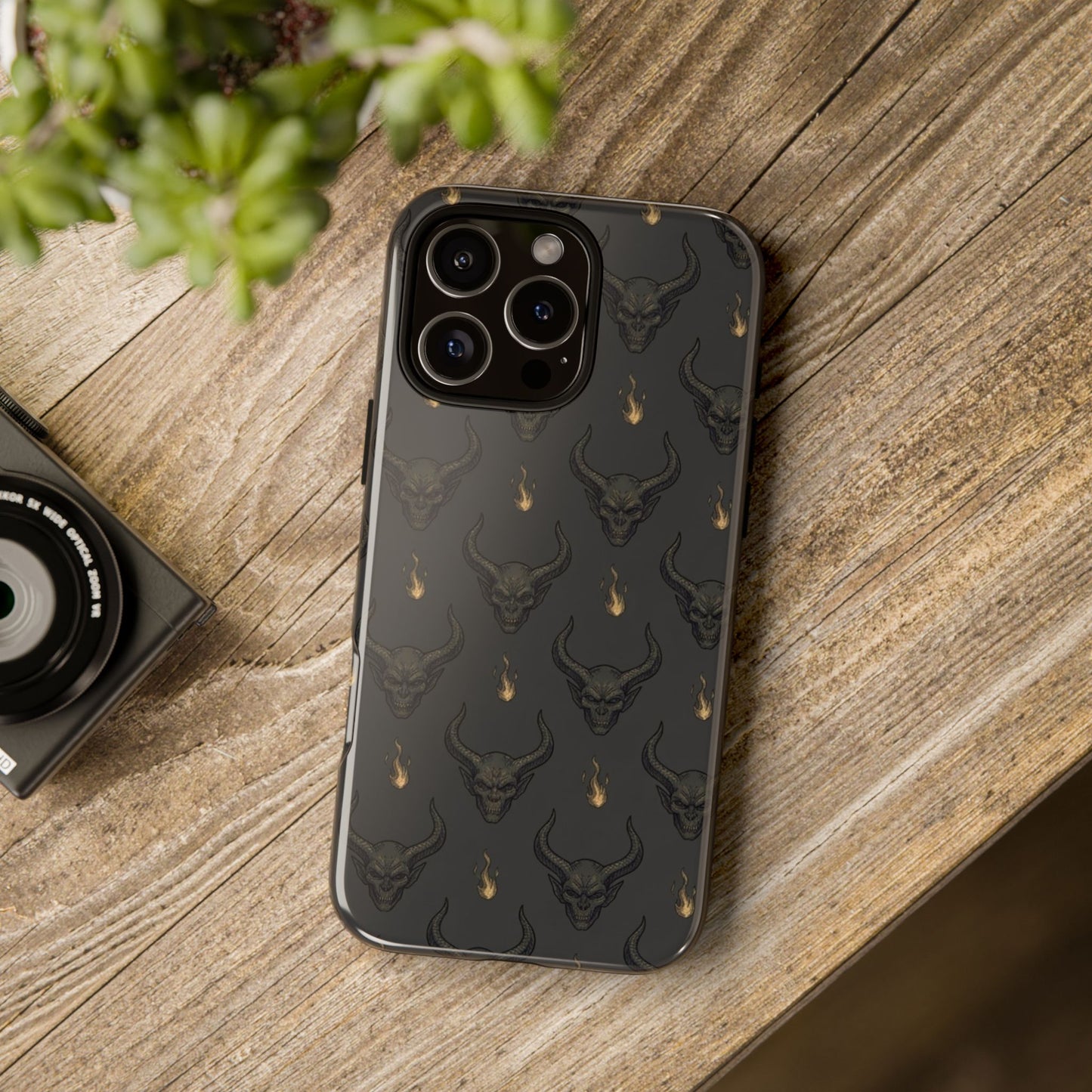 Dark Skull Pattern Phone Case — Gothic Bull Skull with Tiny Flame Accent