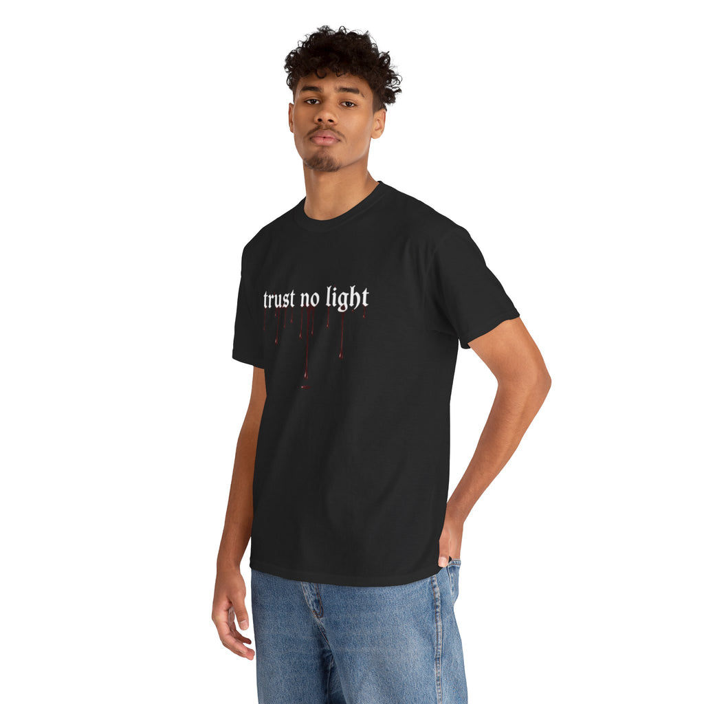 Trust No Light Snake Graphic Tee — Gothic Black T-Shirt with Dripping Text