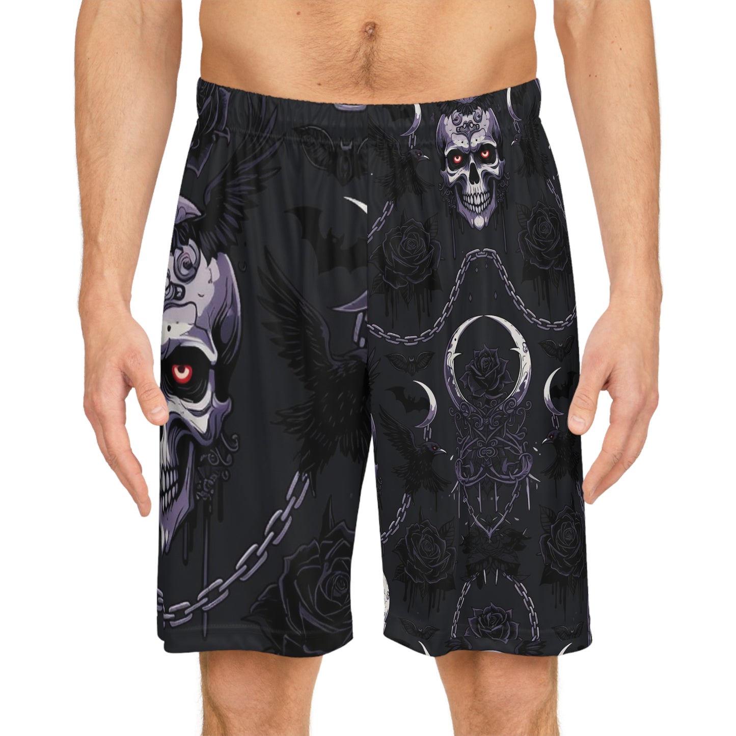 Goth Skull Moon Basketball Shorts - All-Over Print
