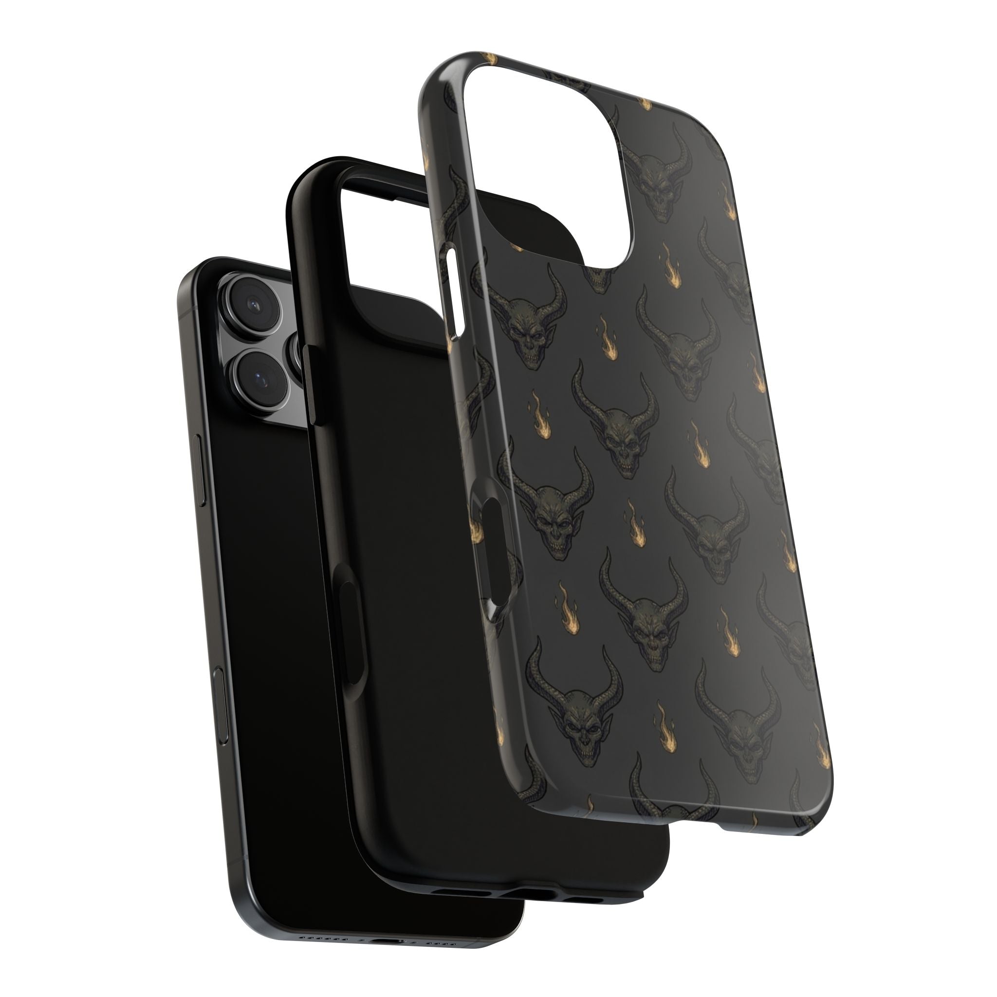 Dark Skull Pattern Phone Case — Gothic Bull Skull with Tiny Flame Accent