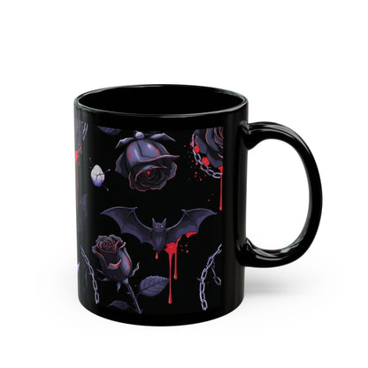 Gothic Moon & Bats Black Coffee Mug – Dark Rose, Chains & Dripping Blood Design (11oz/15oz)