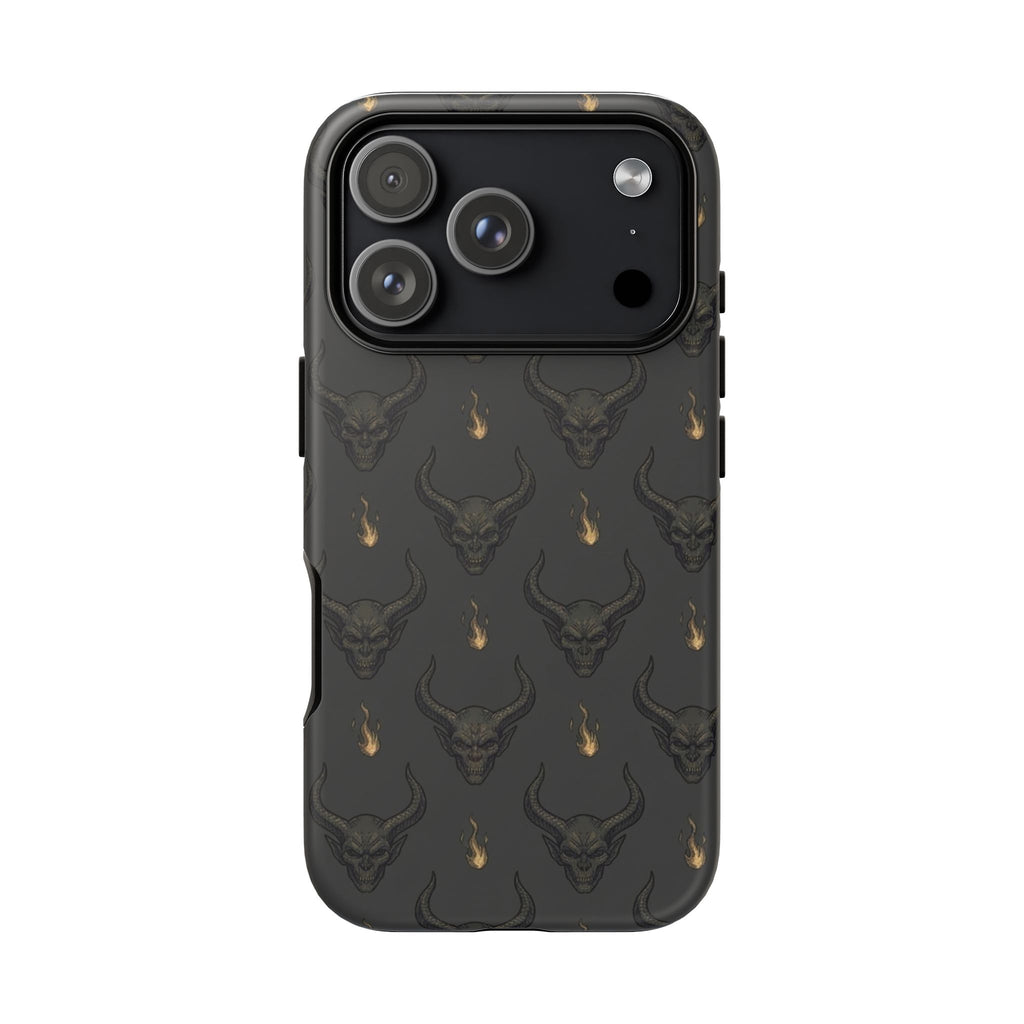 Dark Skull Pattern Phone Case — Gothic Bull Skull with Tiny Flame Accent